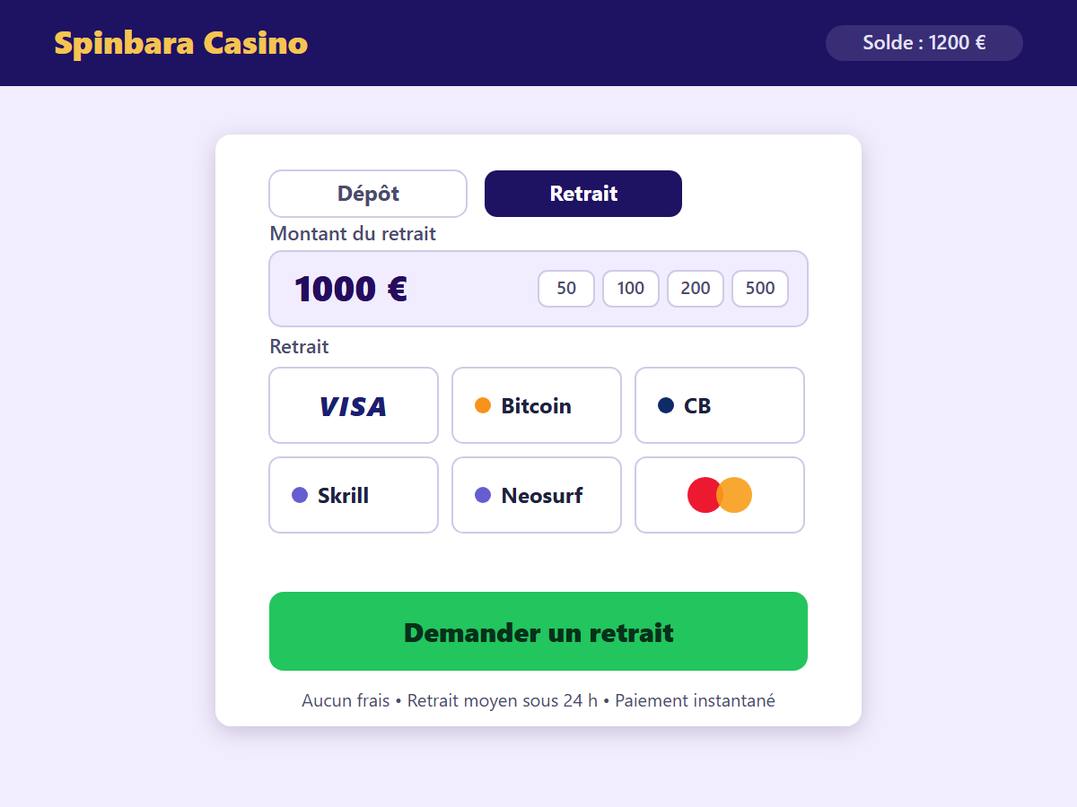 Page de dépôt Spinbara Casino — méthodes de paiement
